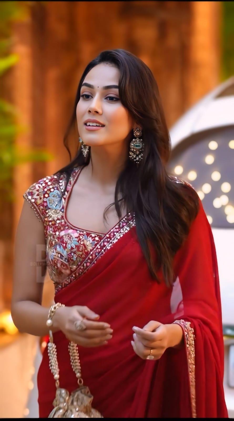 Red Rangoli Silk Lace Embroidery Work Saree - Image 3