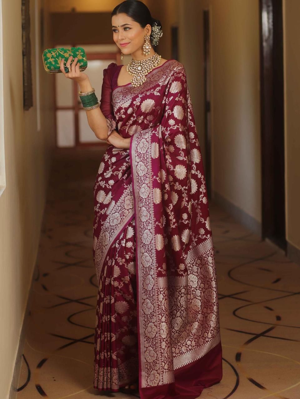 Maroon Soft Lichi Silk All Over Work Saree