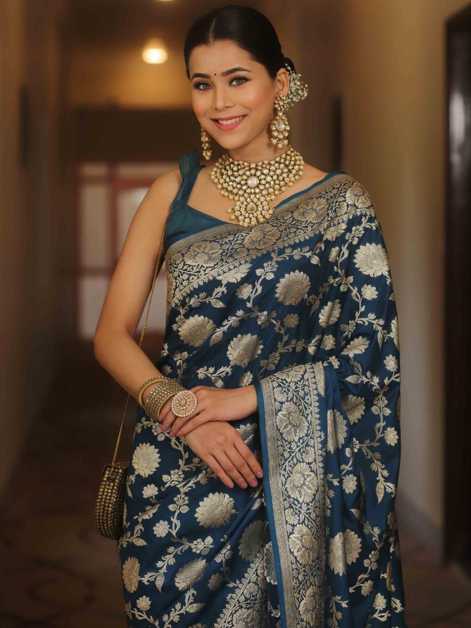 Navy Blue Soft Lichi Silk All Over Work Saree - Image 2