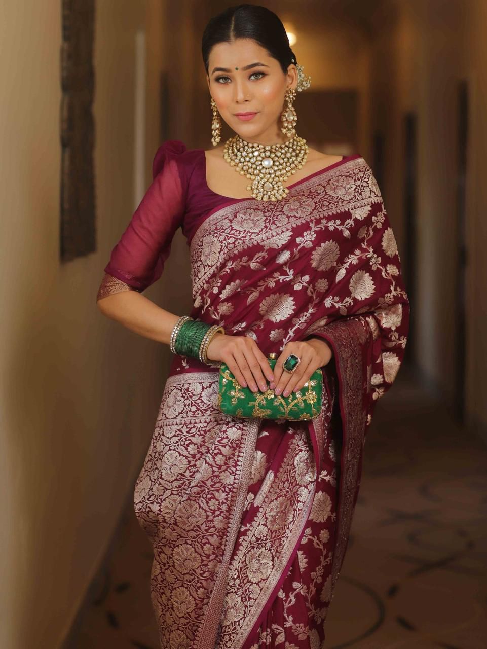 Maroon Soft Lichi Silk All Over Work Saree - Image 4