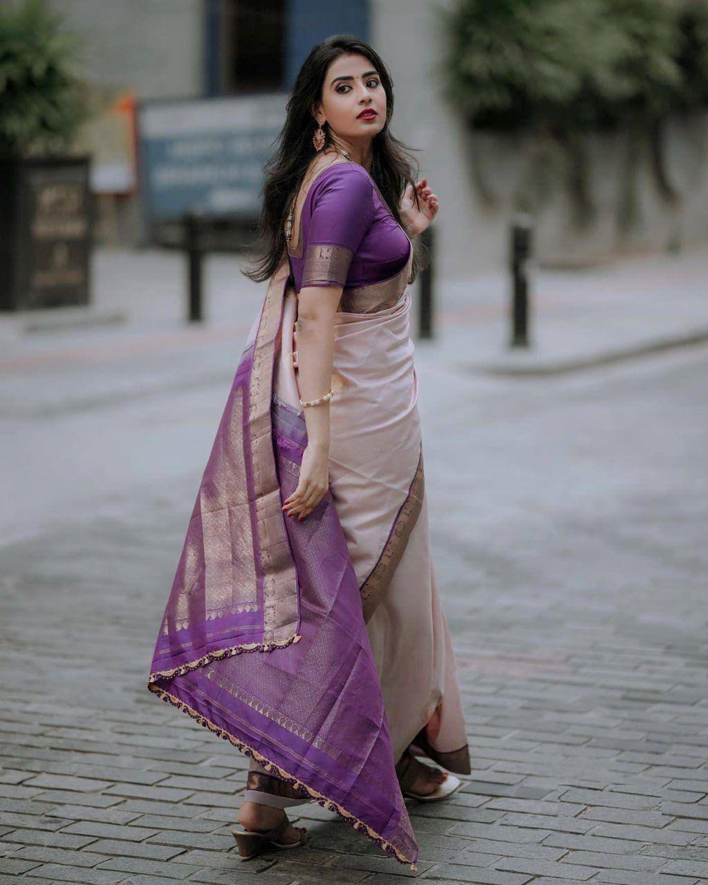 Purple Soft Lichi Silk Rich Pallu Work Saree - Image 2
