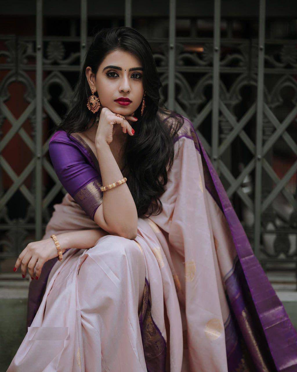 Purple Soft Lichi Silk Rich Pallu Work Saree - Image 5