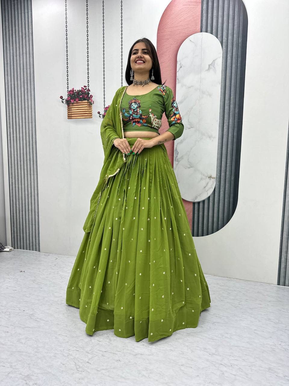 Green Cotton Kalamkari Embroidery Work Lehenga Choli - Image 4