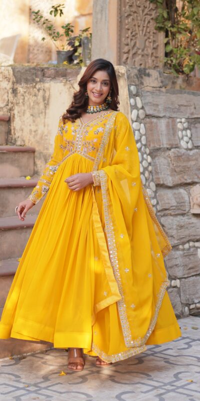 Yellow Faux Blooming Embroidery Zari Work Gown