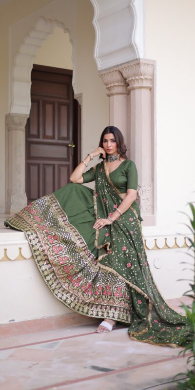 Green Vichitra Silk With Embroider Lehenga Choli