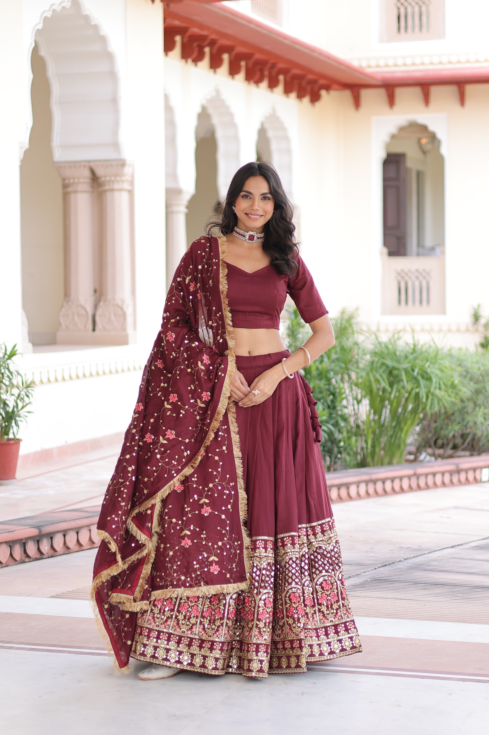 Maroon Vichitra Silk With Embroider Lehenga Choli