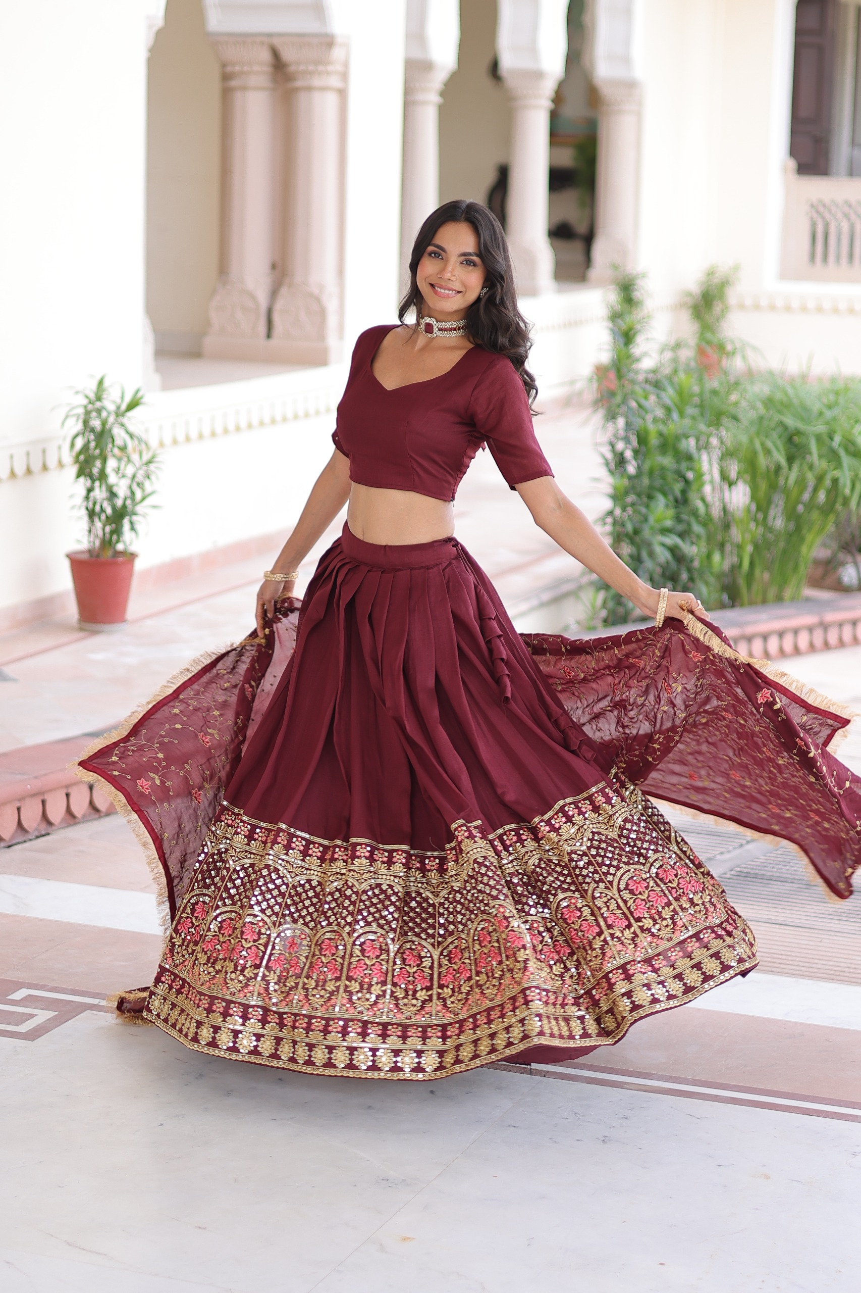 Maroon Vichitra Silk With Embroider Lehenga Choli - Image 3
