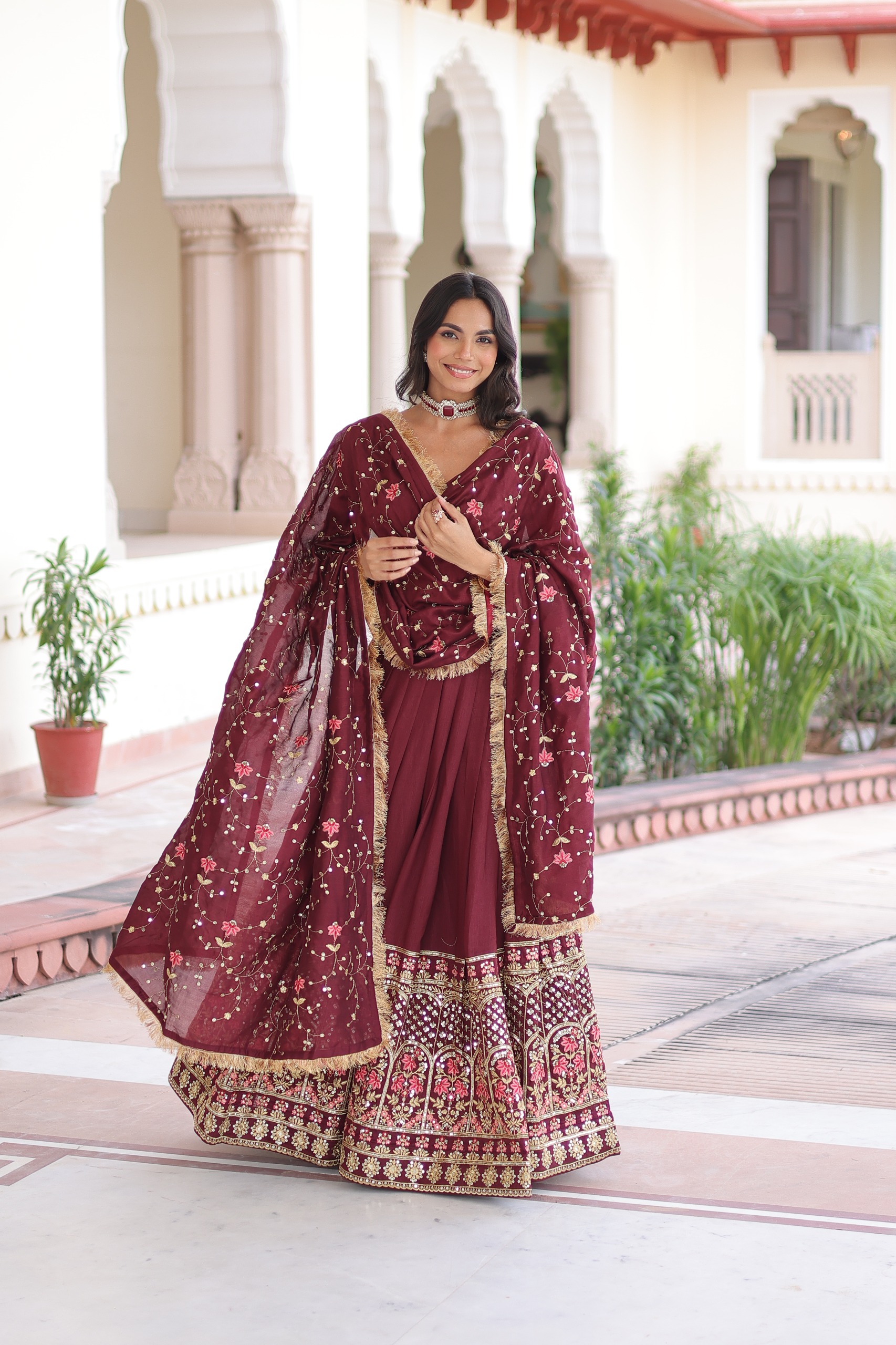 Maroon Vichitra Silk With Embroider Lehenga Choli - Image 4