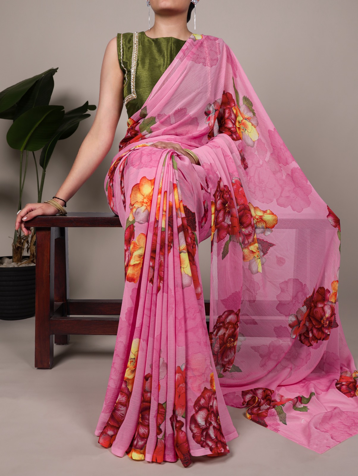 Pink Chiffon Lace Work Saree