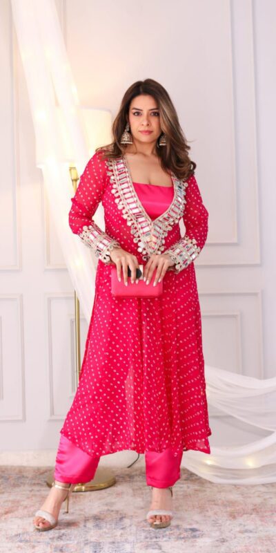 Pink Georgette Embroidery Mirror Work Kurti