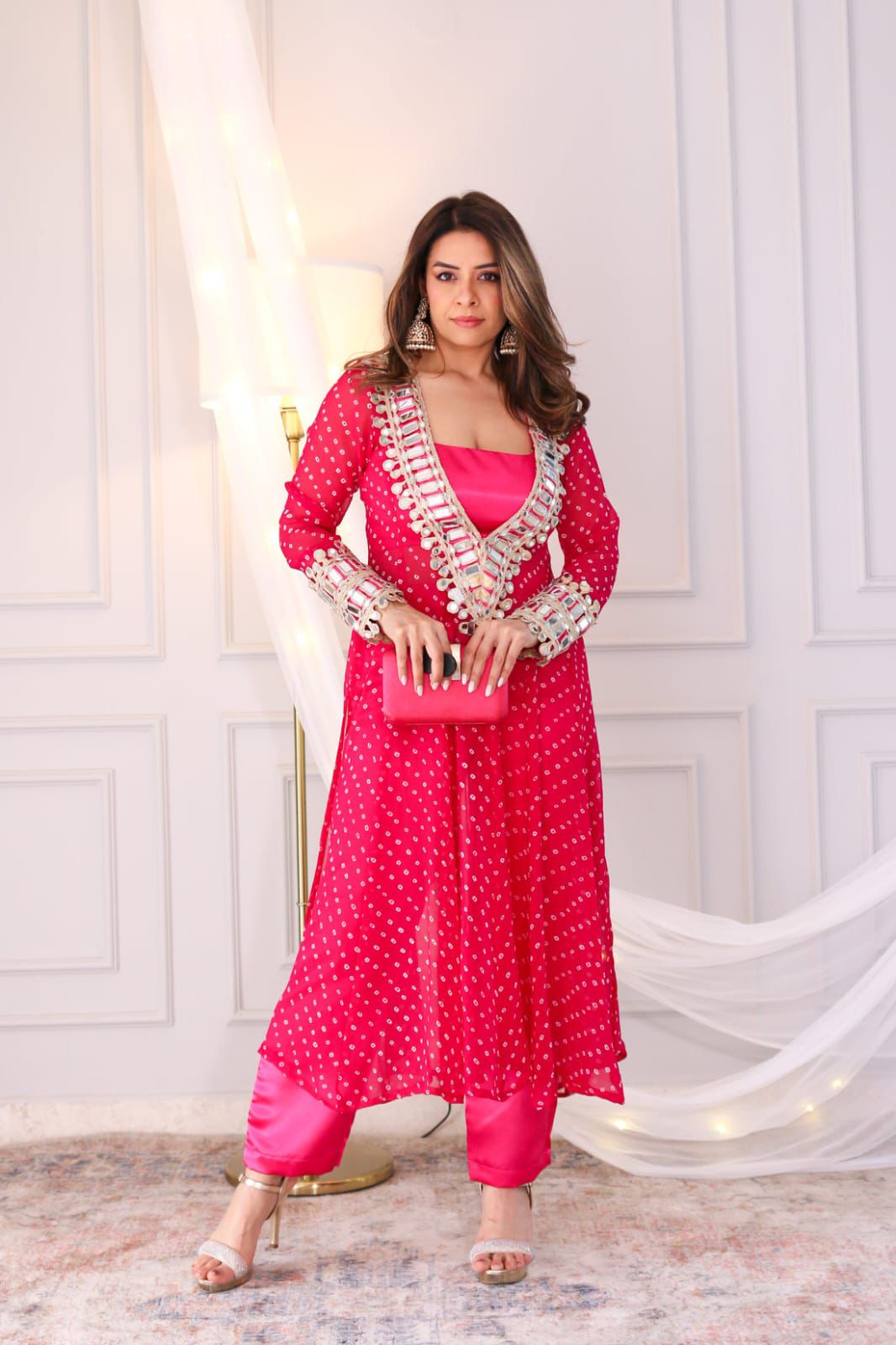 Pink Georgette Embroidery Mirror Work Kurti