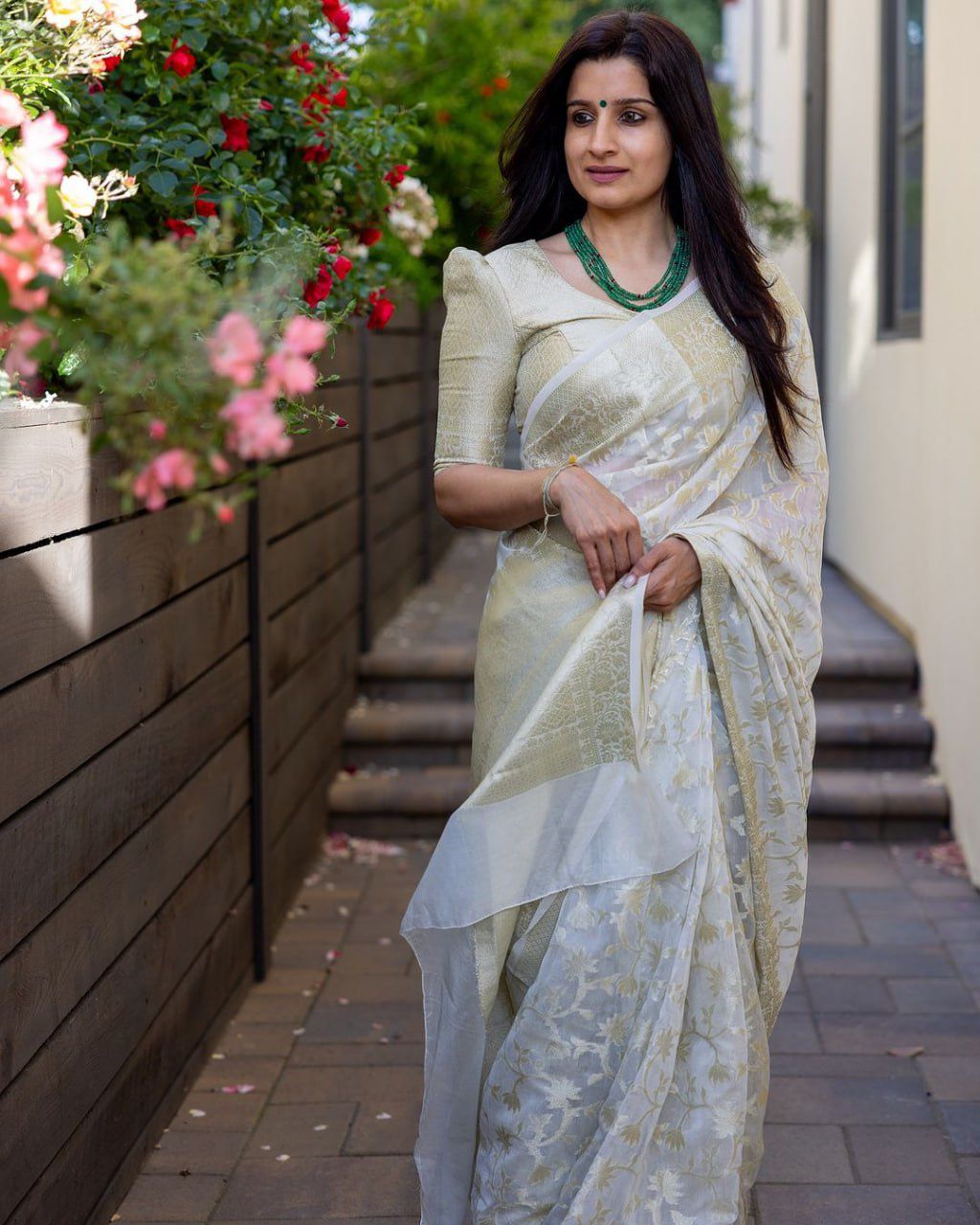 White Soft Lichi Silk Jacquard Saree