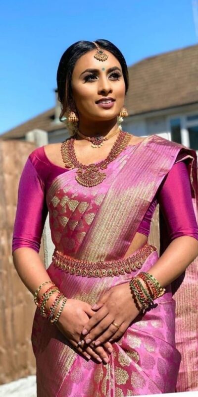 Pink Soft Lichi Silk Rich Pallu Lace Work Border Saree