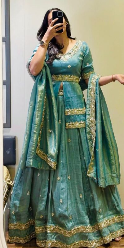 Sea Green Chinon Silk Cut Work Lehenga Choli