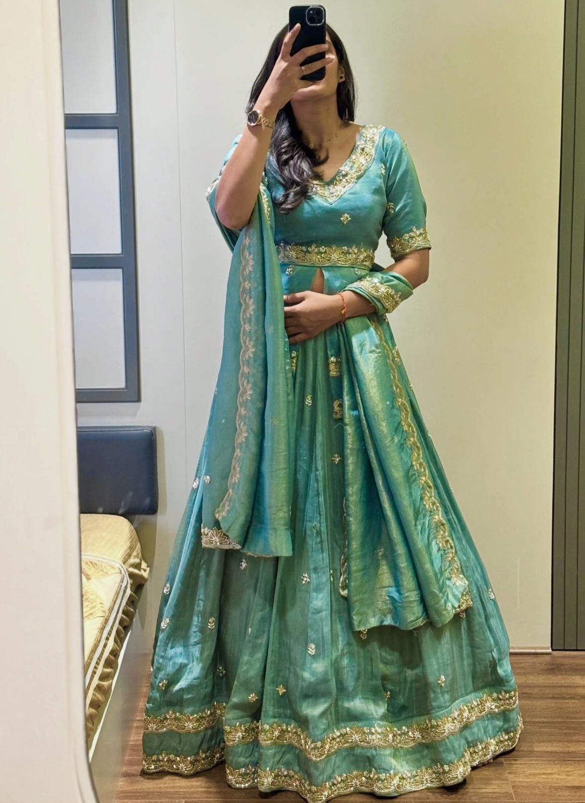 Sea Green Chinon Silk Cut Work Lehenga Choli - Image 4