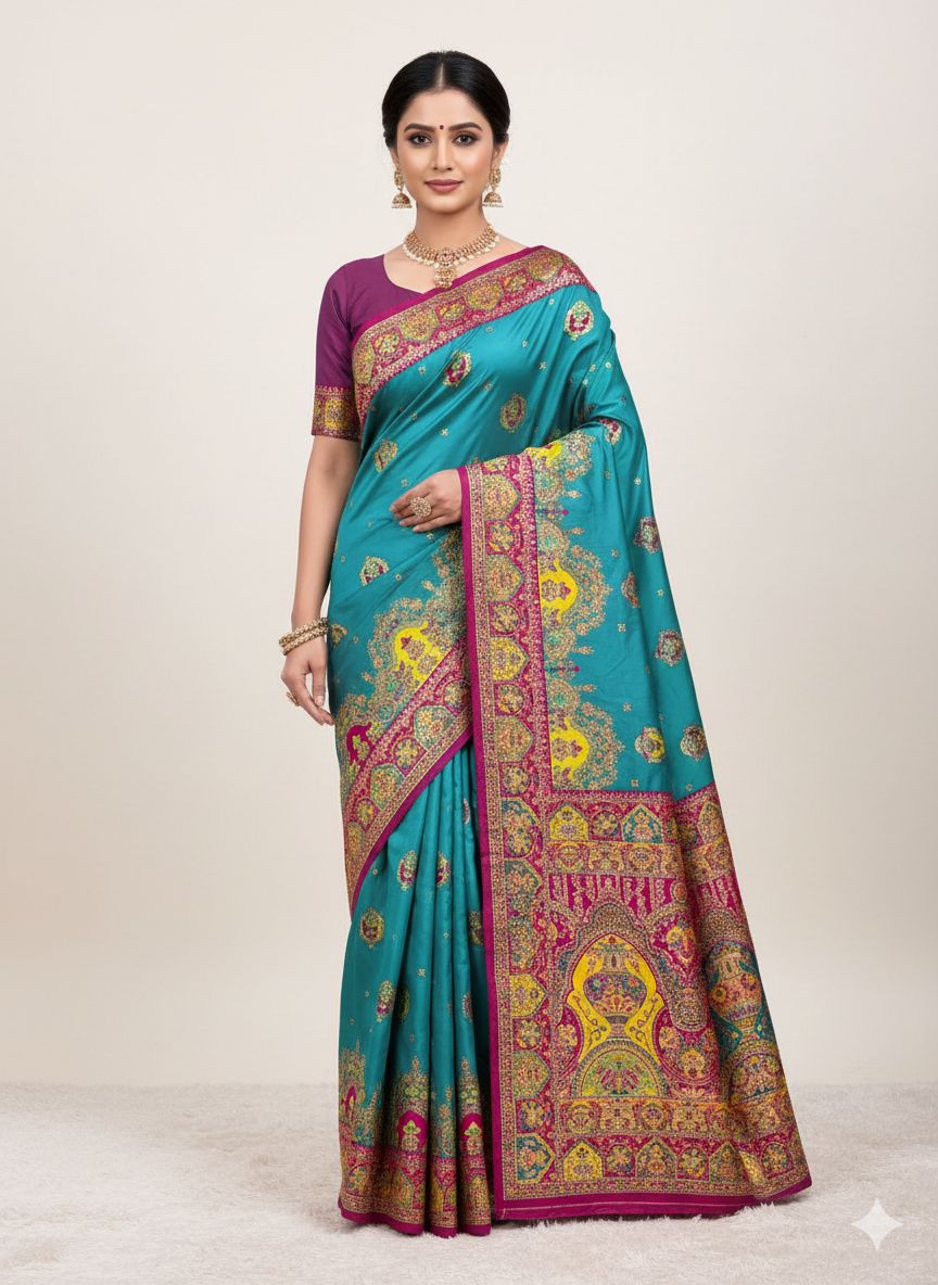 Blue Paithani Silk Border Lace Work Saree