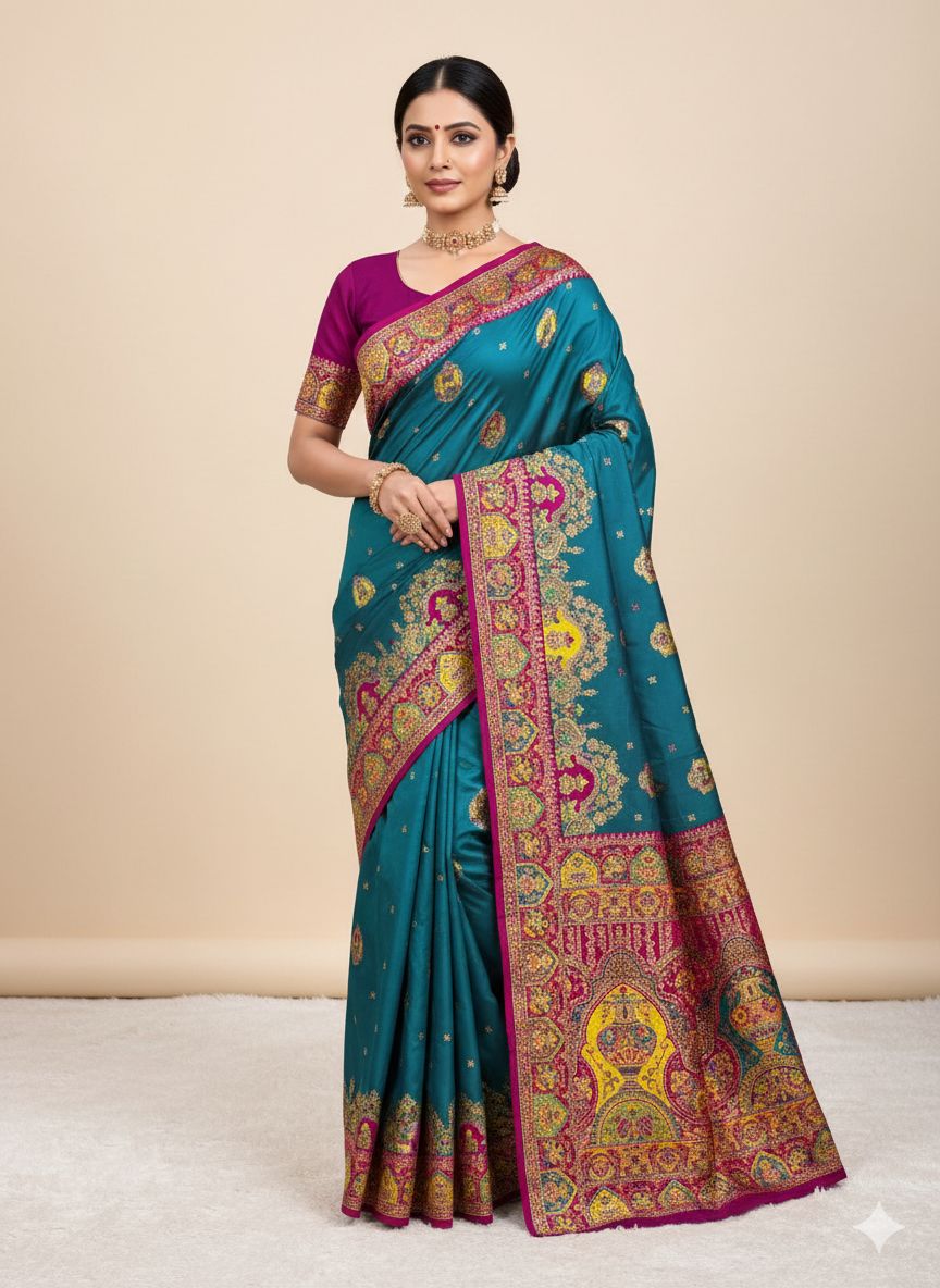 Teal Paithani Silk Border Lace Work Saree
