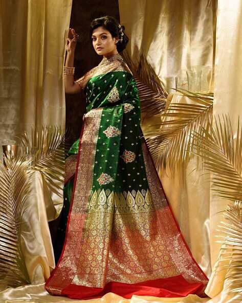 Green Soft Lichi Silk Border Work Saree - Image 4
