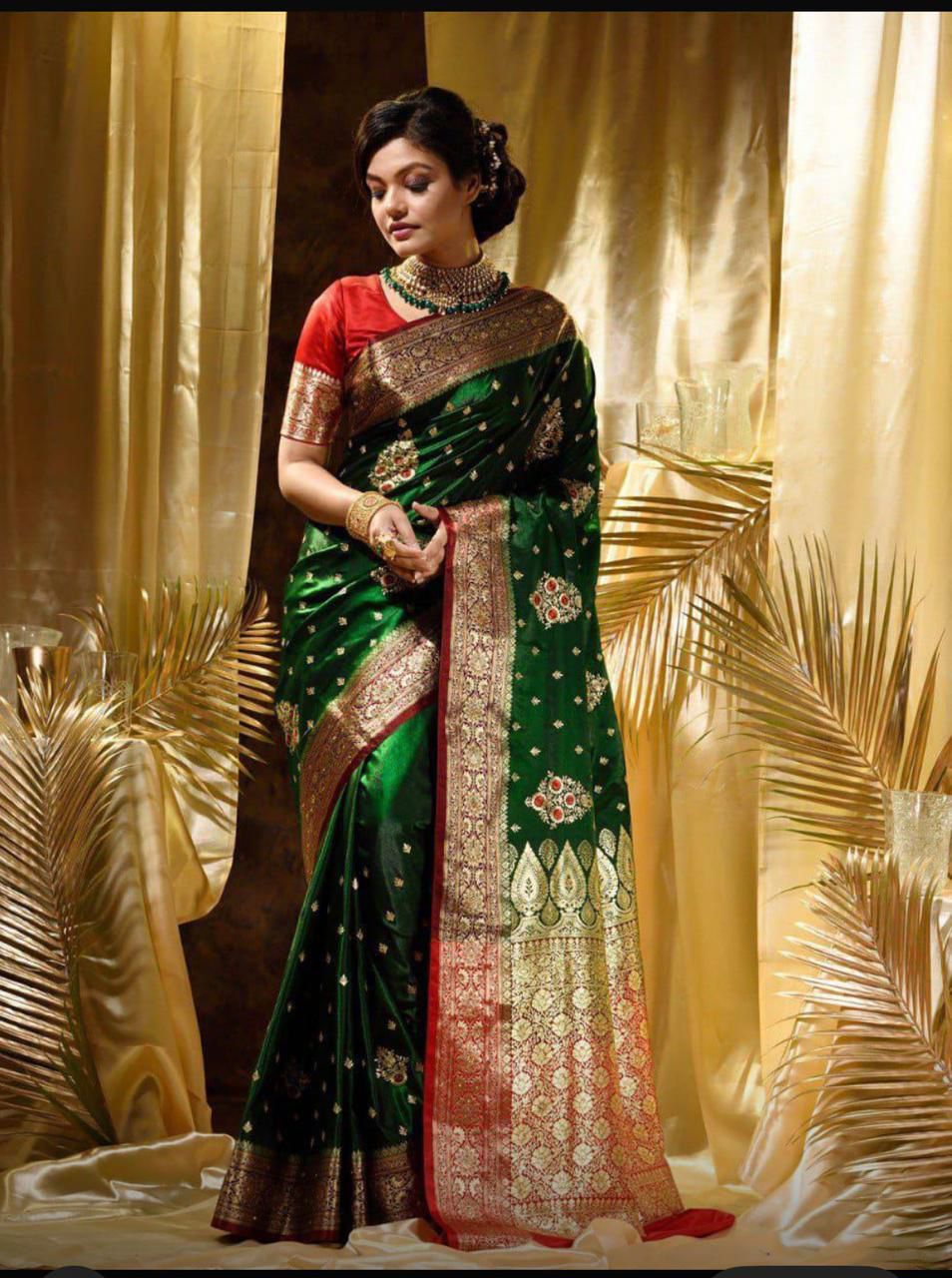 Green Soft Lichi Silk Border Work Saree - Image 5