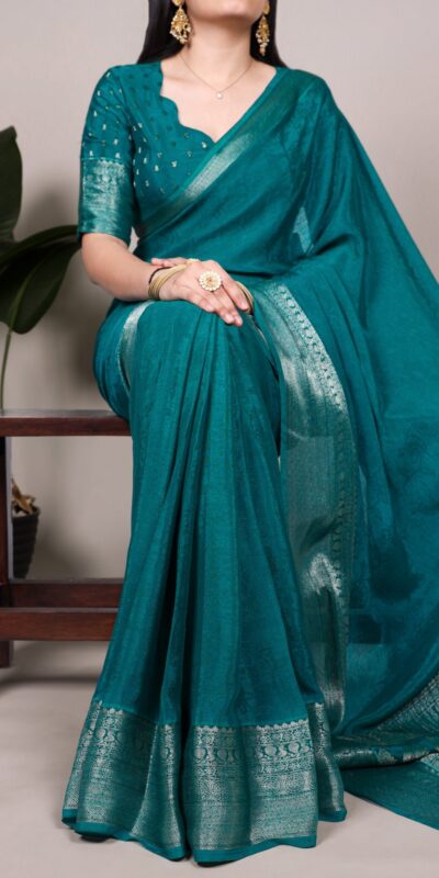 Teal Chinon Zari Weaving Work Saree