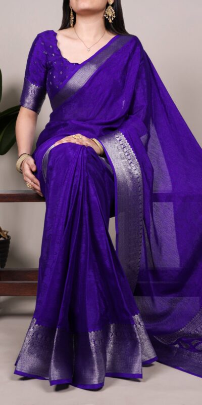 Royal Blue Chinon Zari Weaving Work Saree