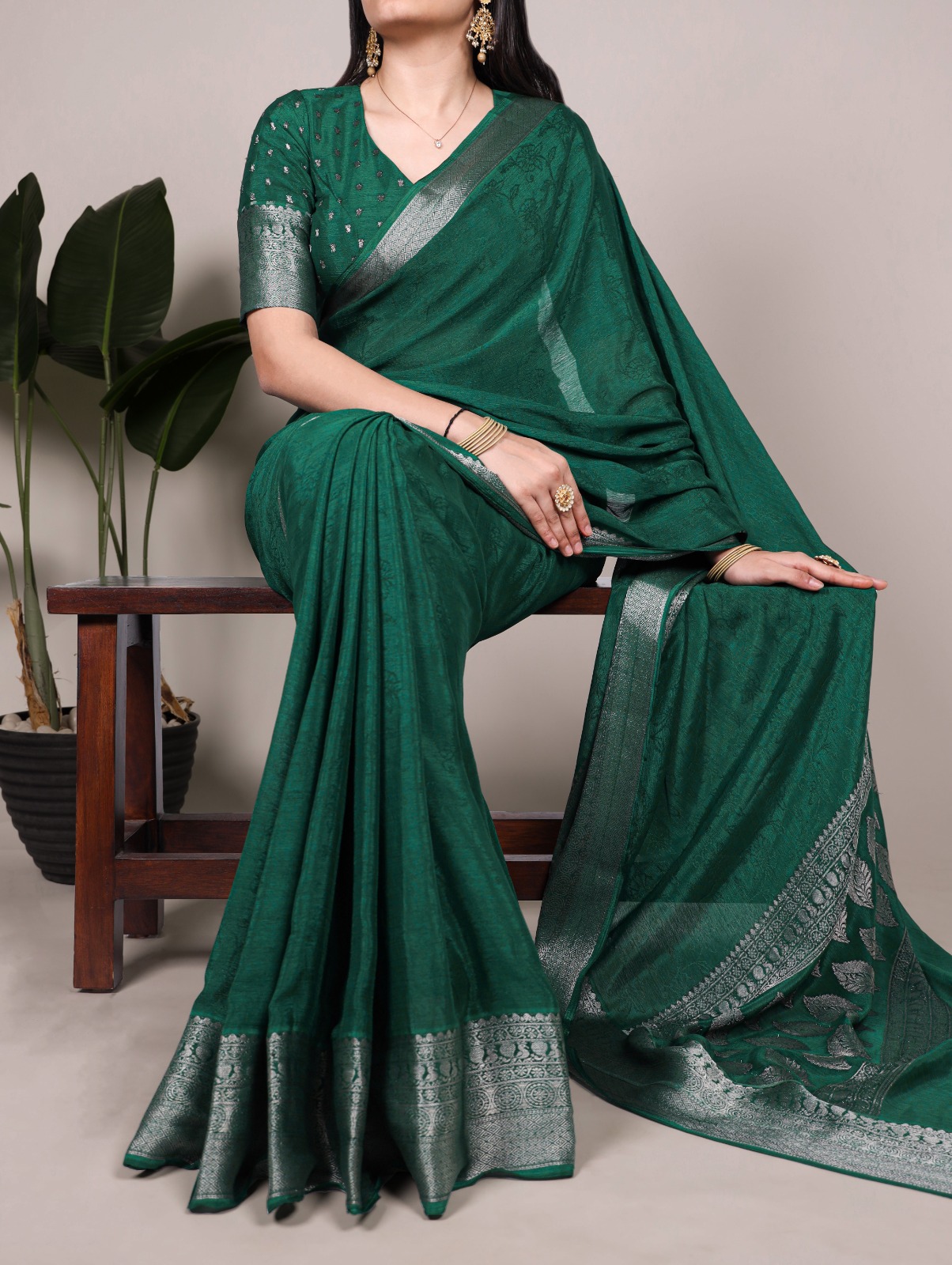 Green Chinon Zari Weaving Work Saree