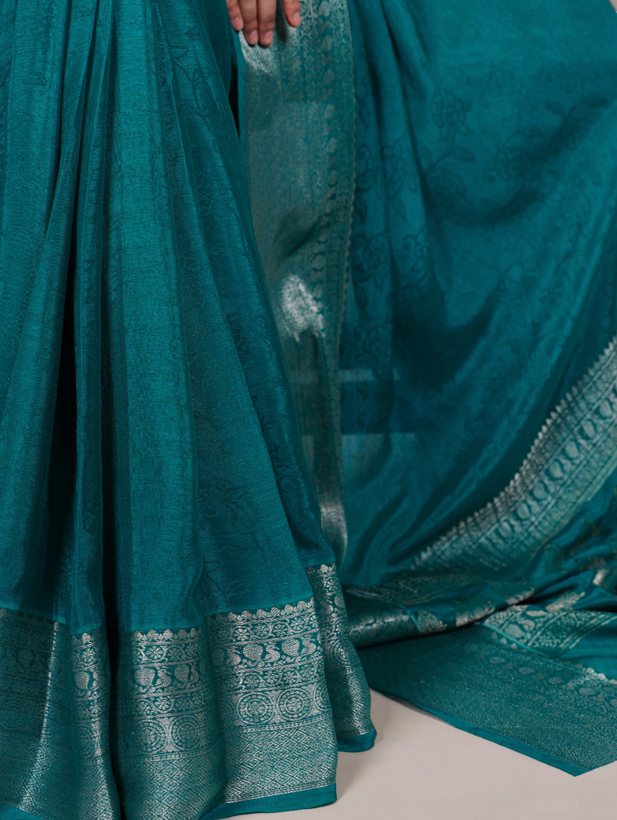 Teal Chinon Zari Weaving Work Saree - Image 3