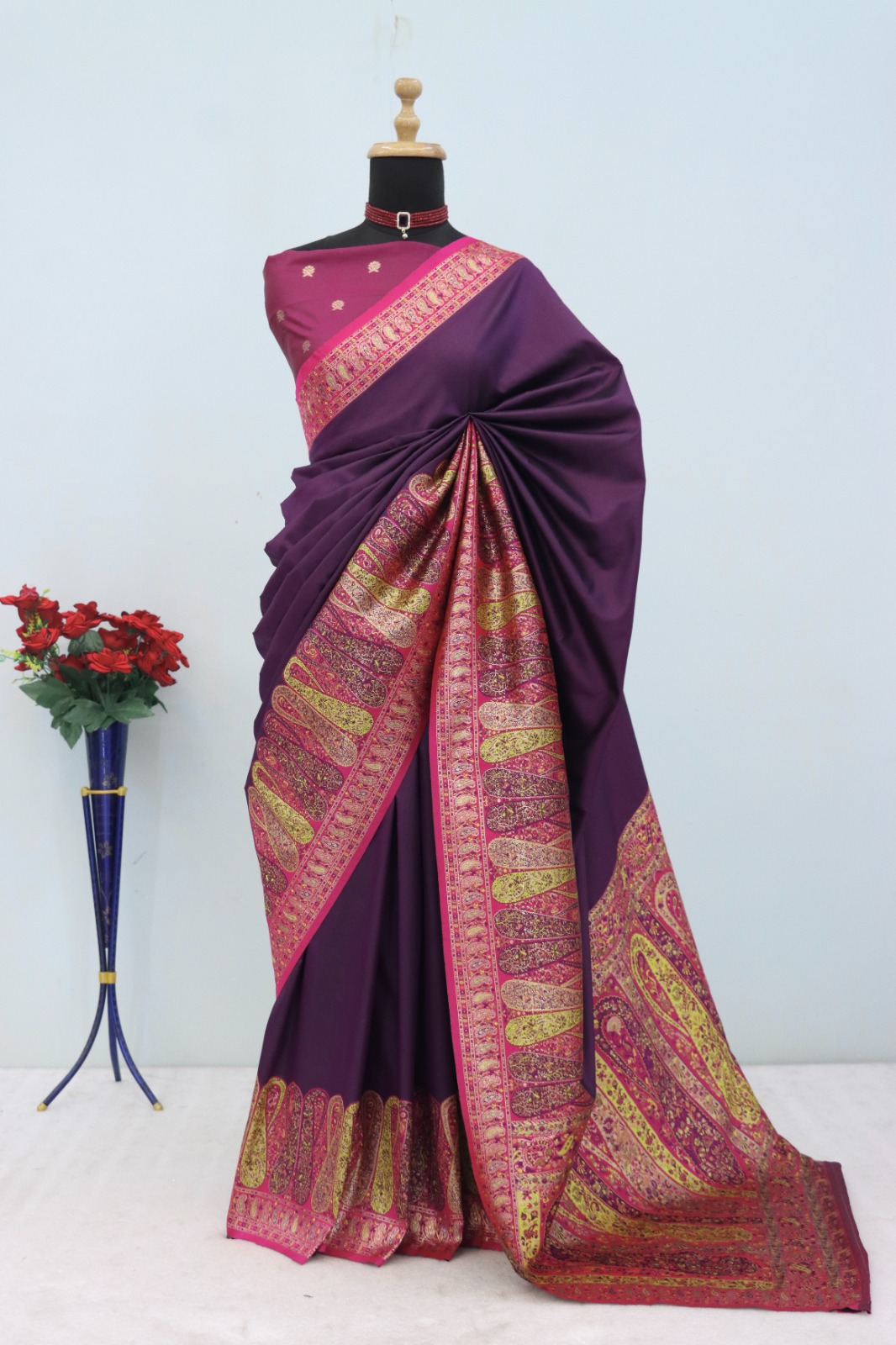 Wine Paithani Silk Woven Motifs Work Saree