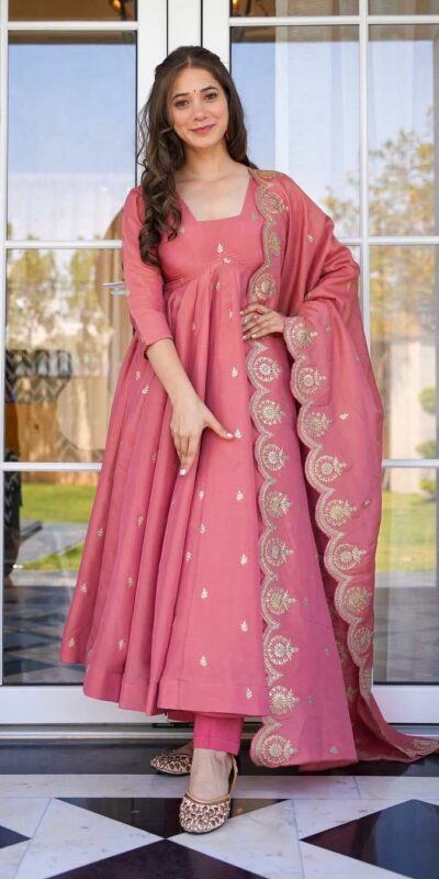 Peach Gold Crush Silk Embroidery Work Gown