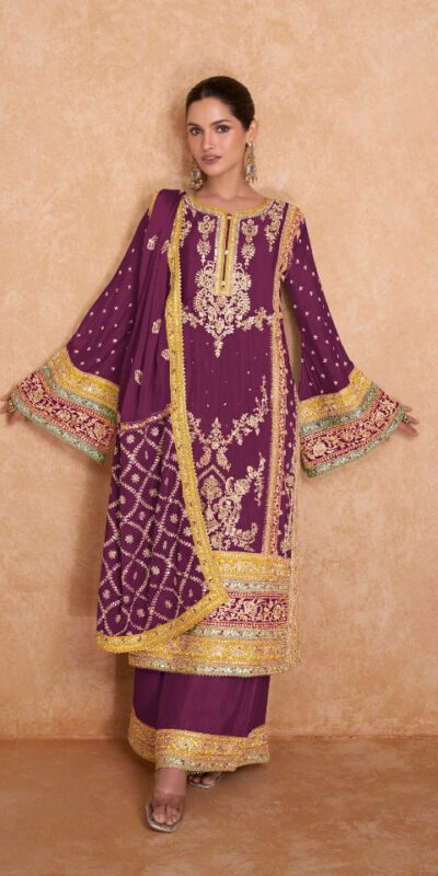 Wine Chinon Embroidery Work Salwar Suit