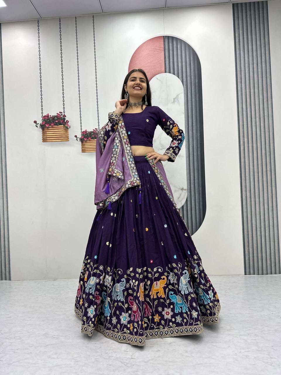 Purple Vichitra Silk Lace Border Work Lehenga Choli