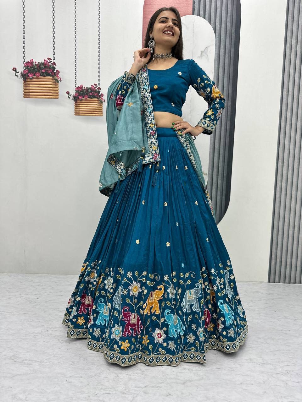 Peacock Blue Vichitra Silk Lace Border Work Lehenga Choli