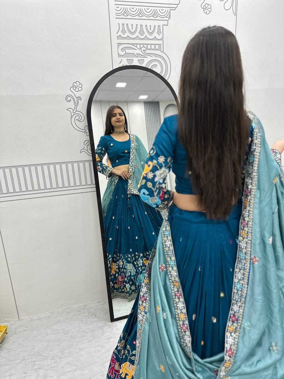 Peacock Blue Vichitra Silk Lace Border Work Lehenga Choli - Image 4