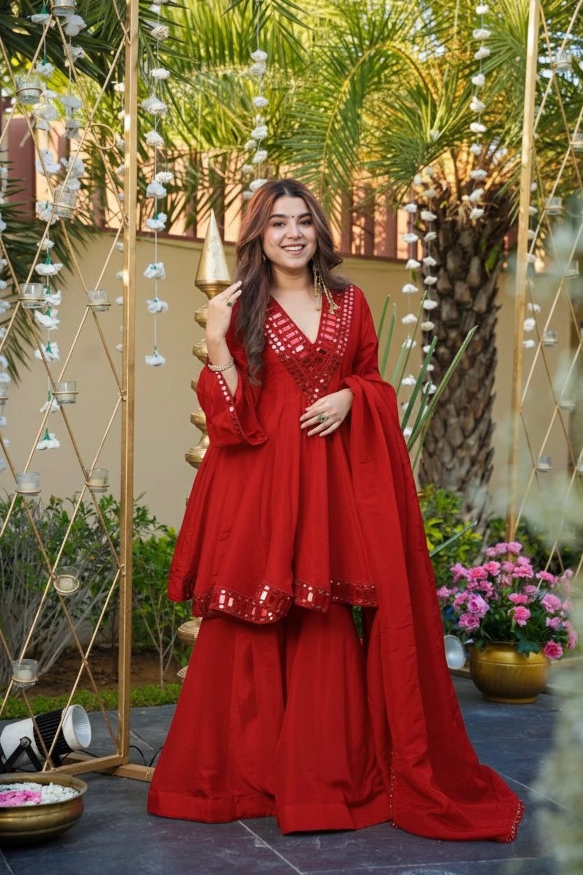 Red Cosmos Mirror Lace Work Salwar Suit - Image 2