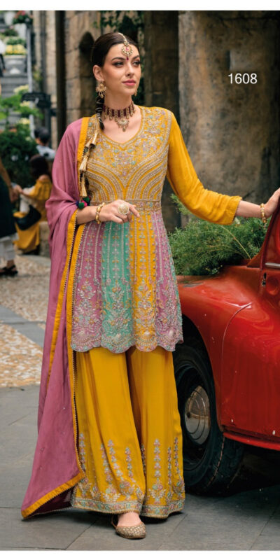 Mustered Chinon Embroidery Work Salwar Suit