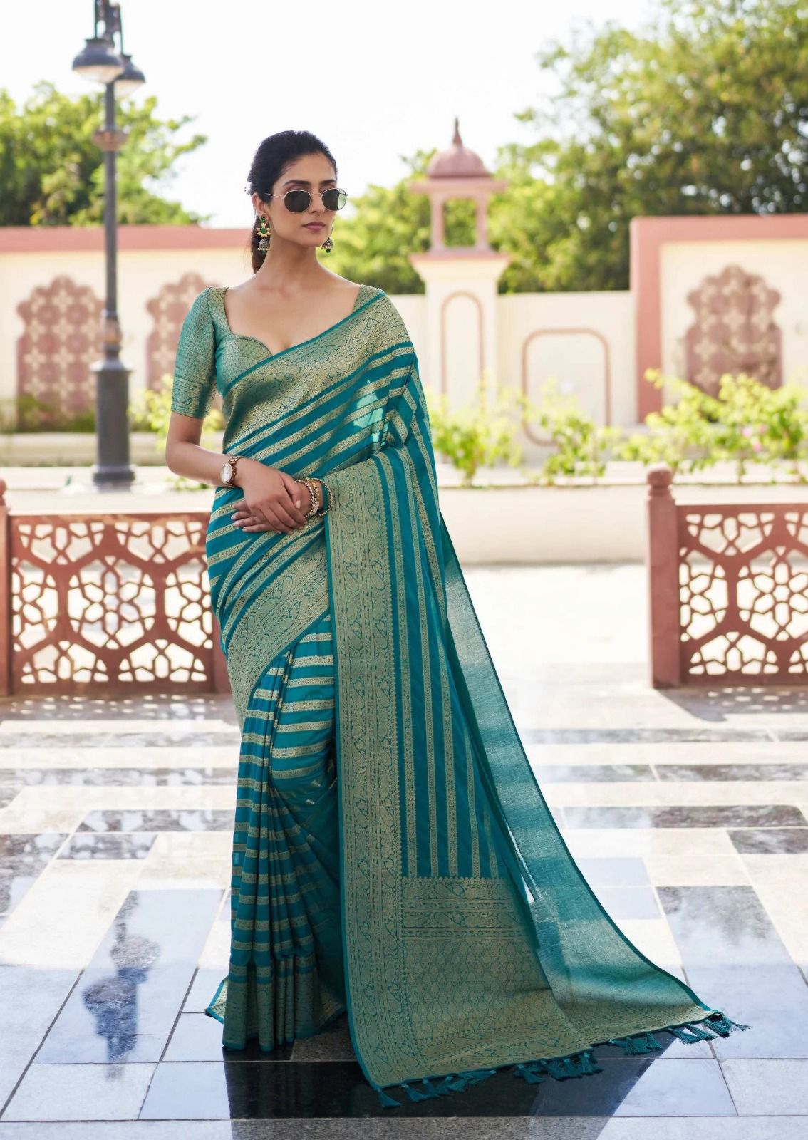 Teal Lichi Silk Lace Border Work Saree