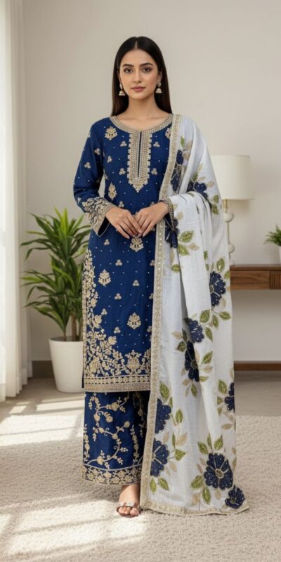 Navy Blue Organza Silk Lace Embroidery Work Salwar Suit