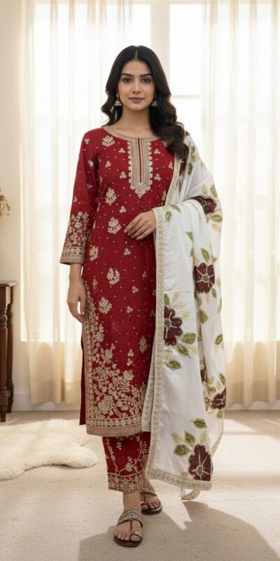 Red Organza Silk Lace Embroidery Work Salwar Suit