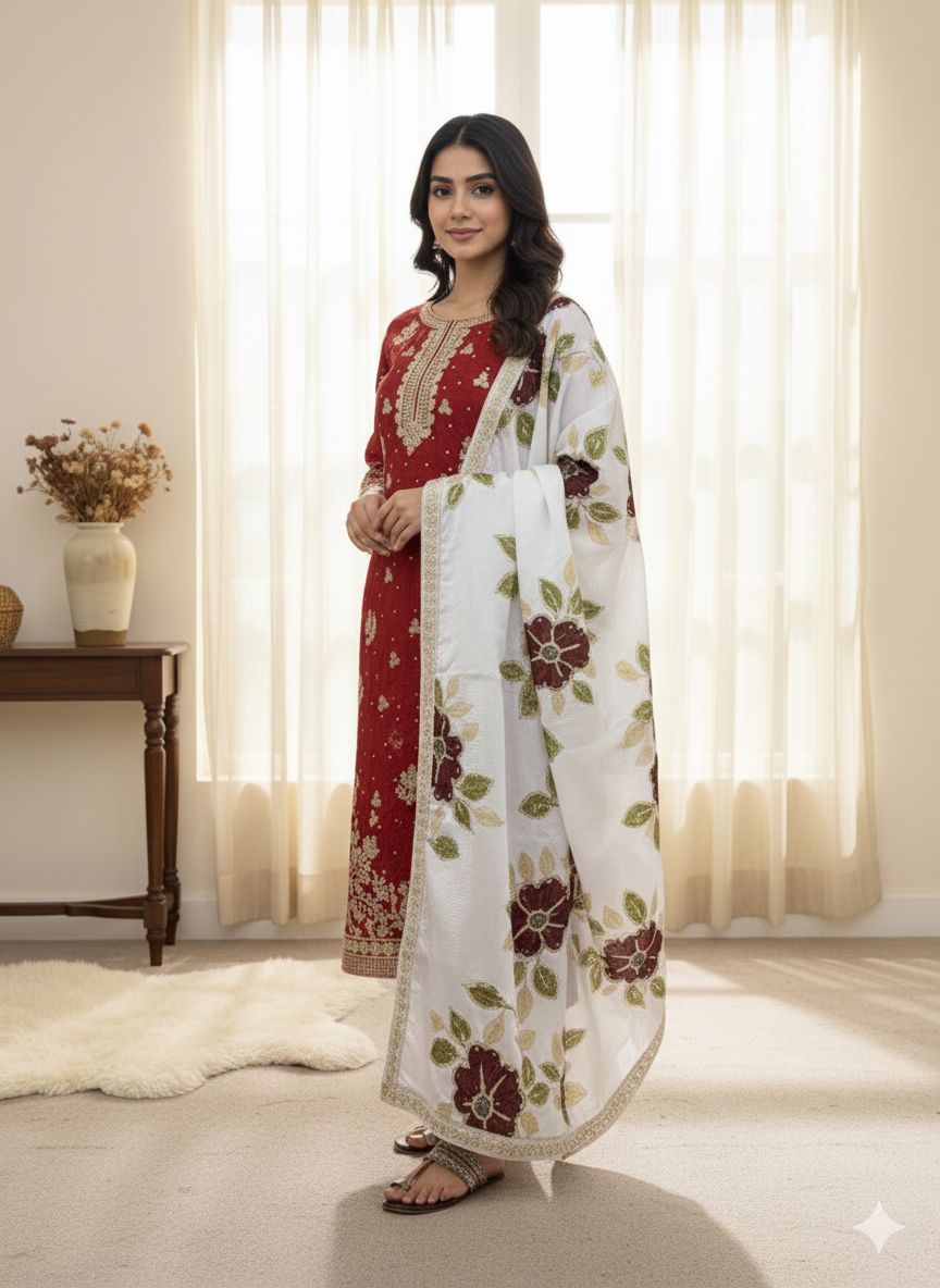 Red Organza Silk Lace Embroidery Work Salwar Suit - Image 2