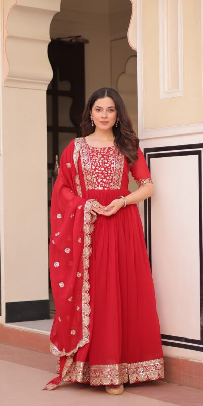 Red Faux Blooming Embroidery Zari Work Gown