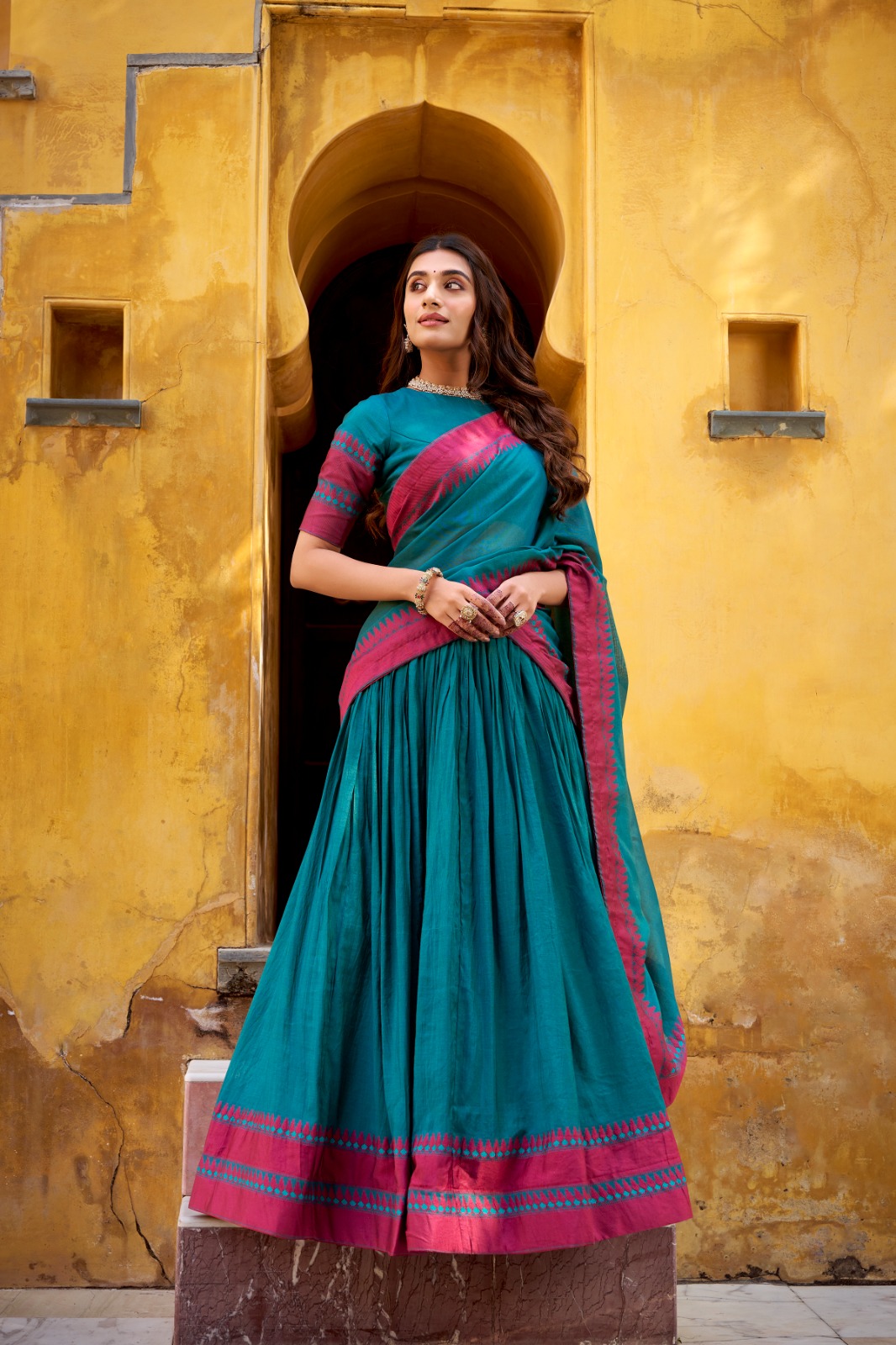 Teal Chanderi Embroidery Work Lehenga Choli - Image 2
