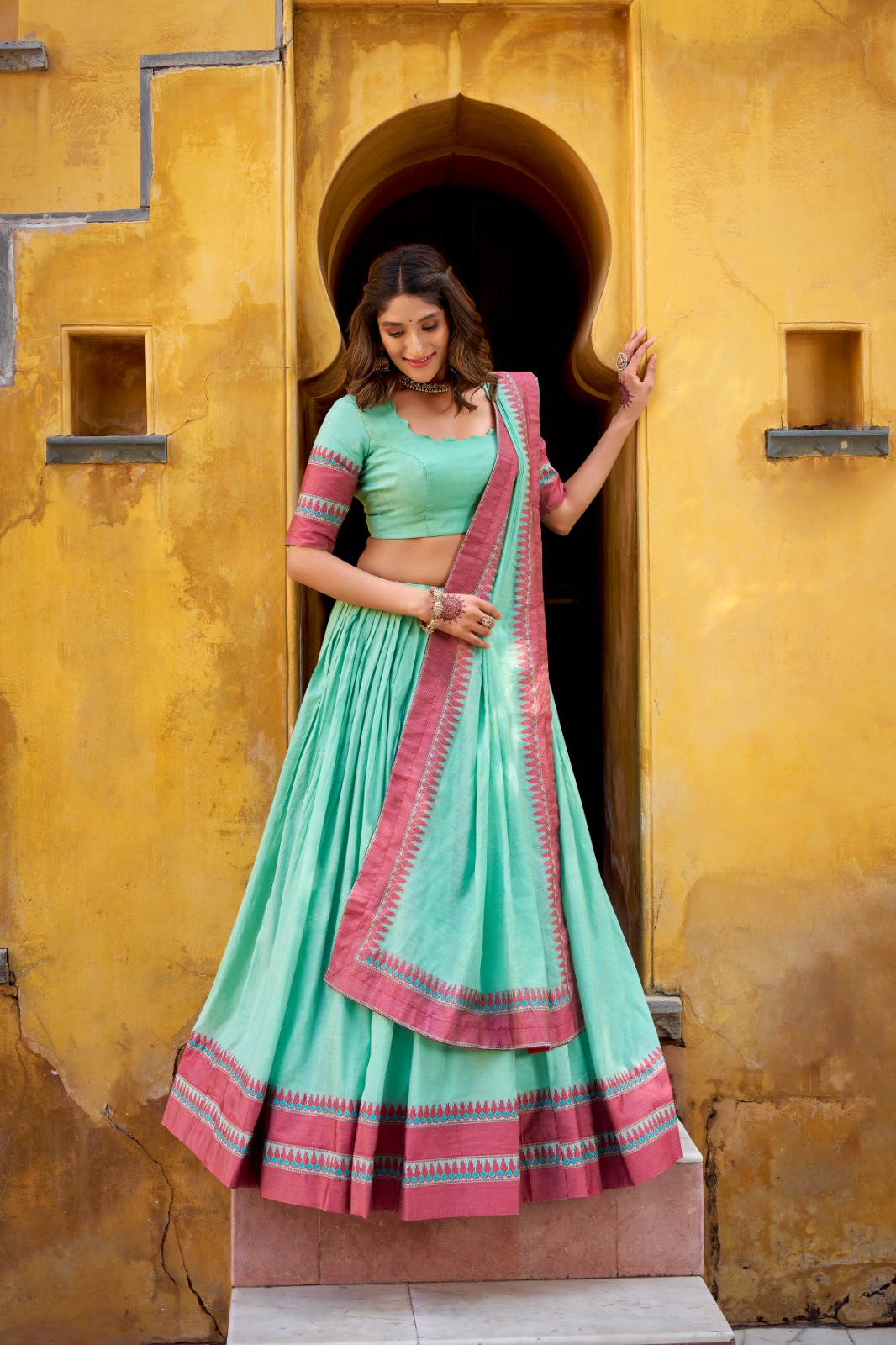 Sky Blue Chanderi Embroidery Work Lehenga Choli - Image 2