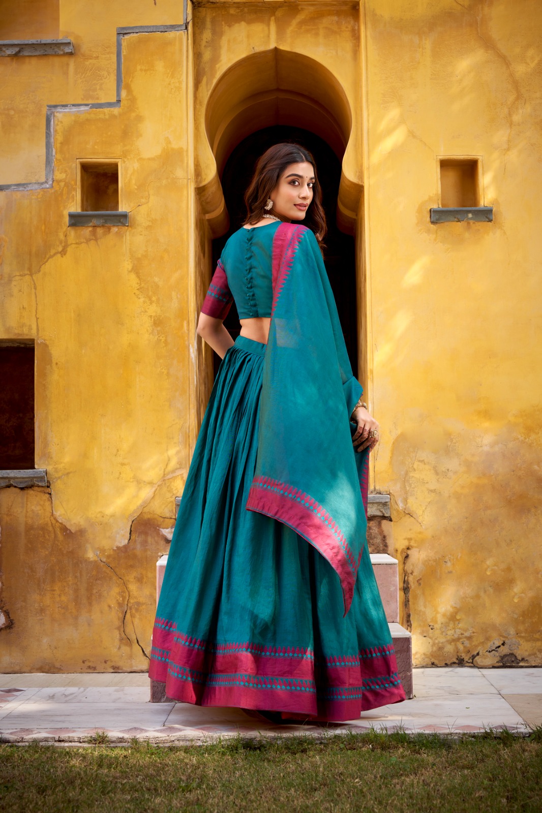 Teal Chanderi Embroidery Work Lehenga Choli - Image 3