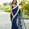 Blue Soft Lilan Slab Lace Border Saree