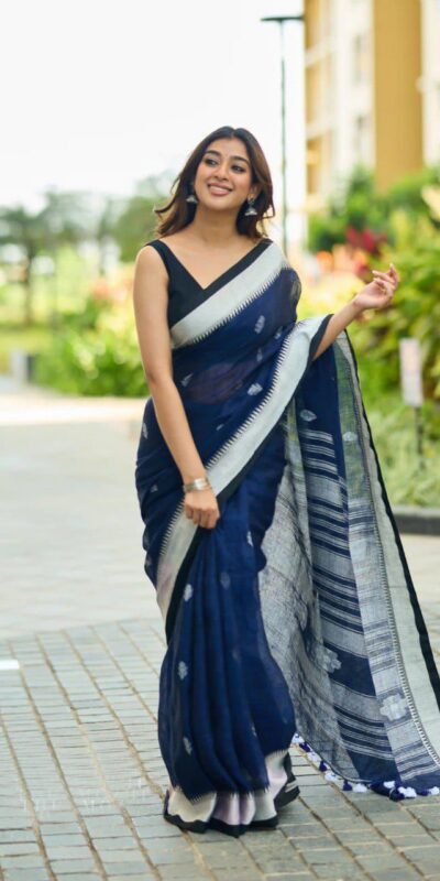 Blue Soft Lilan Slab Lace Border Saree