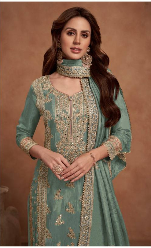 Sea Green Vichitra Embroidery Lace Work Salwar Suit - Image 2
