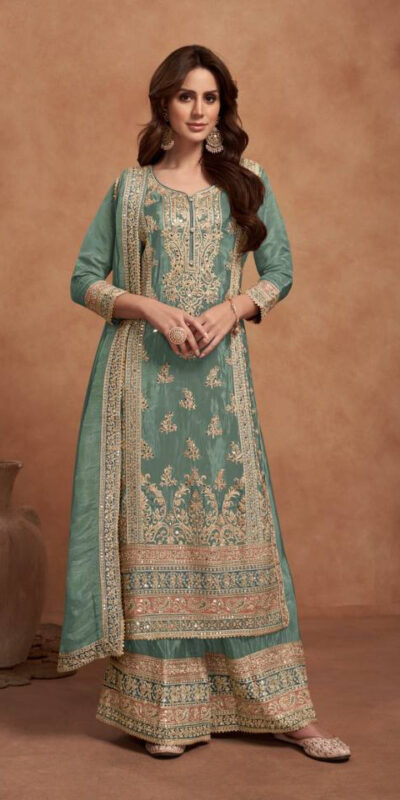 Sea Green Vichitra Embroidery Lace Work Salwar Suit