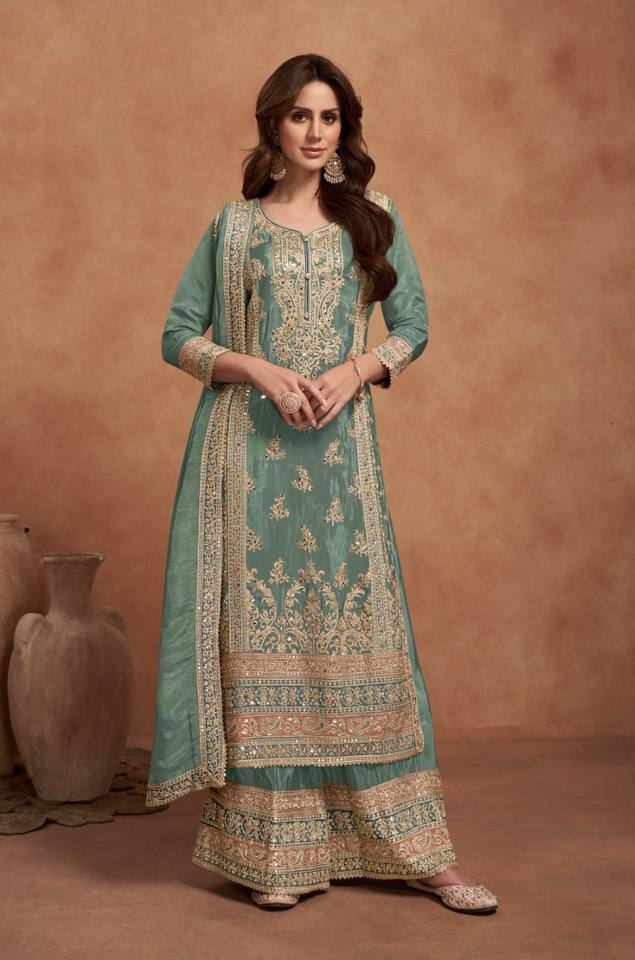 Sea Green Vichitra Embroidery Lace Work Salwar Suit