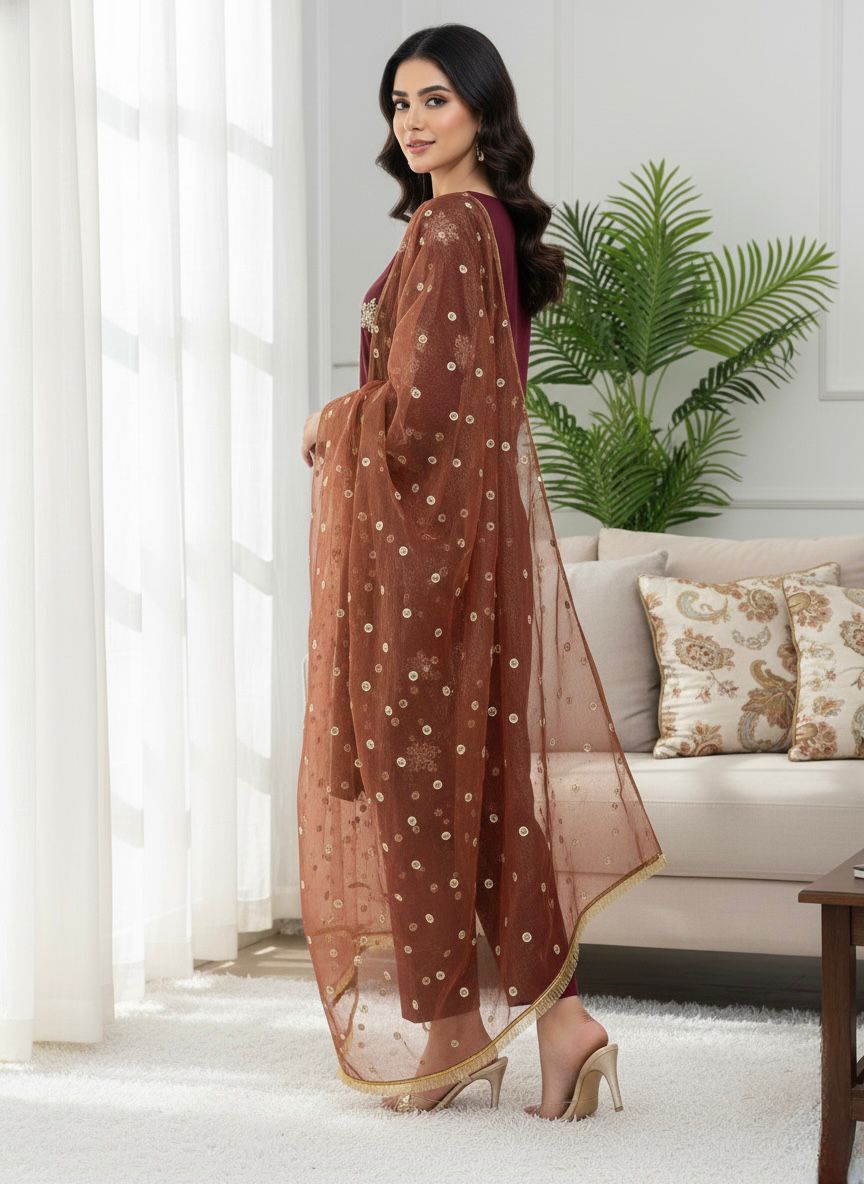 Maroon Natural Crep Silk Border Lace Work Salwar Suit - Image 3