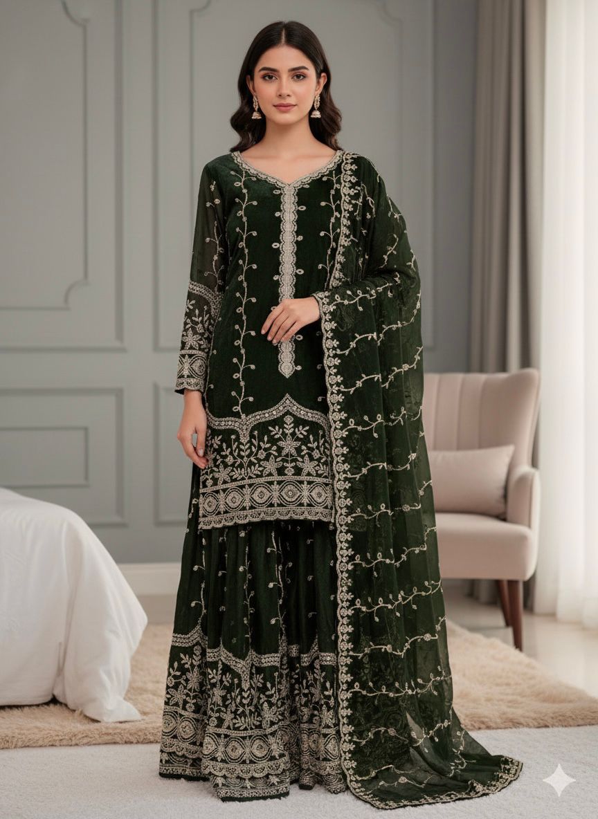 Green Fendy Silk Embroidery Work Salwar Suit